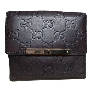 GUCCI GG Emblem Folding Wallet PurseLeather Brown Bifold Gold Tone Hardware